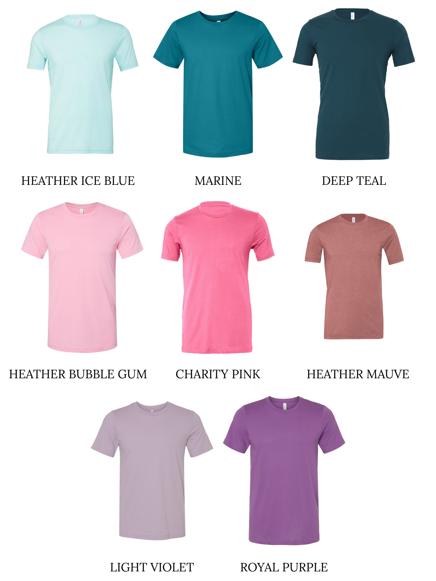 Collection of t-shirts in various colors on a white background.