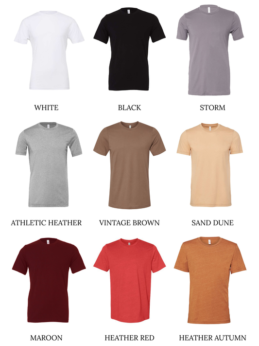 An array of T-shirts in various colors including white, black, gray, brown, red, and orange, displayed in a grid format.